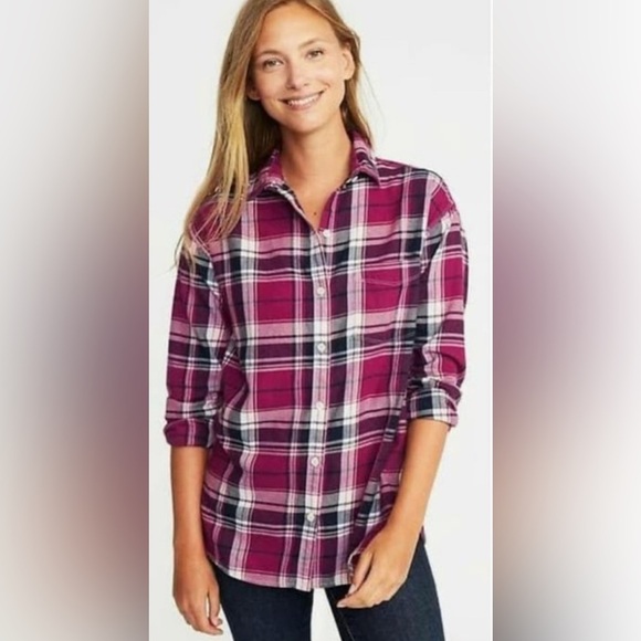 Old Navy The Boyfriend Plaid Button Down Shirt 100% Cotton Size XL - Picture 1 of 9